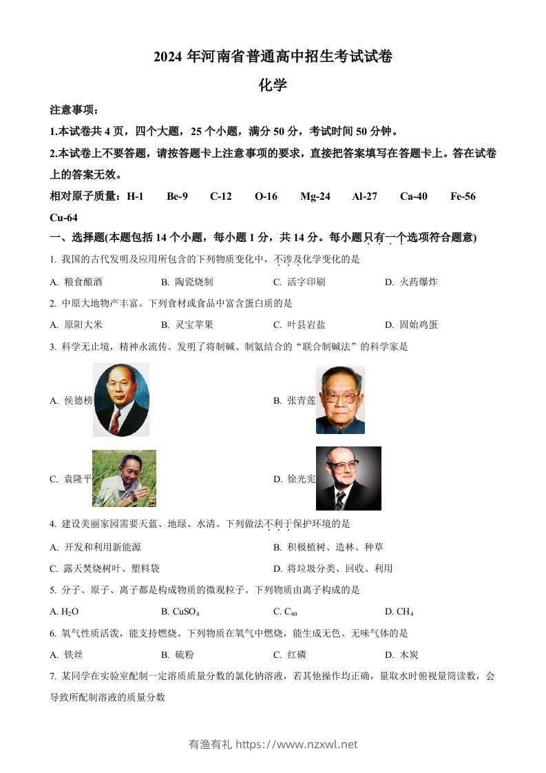 2024年河南省中考化学真题（空白卷）-有渔有礼