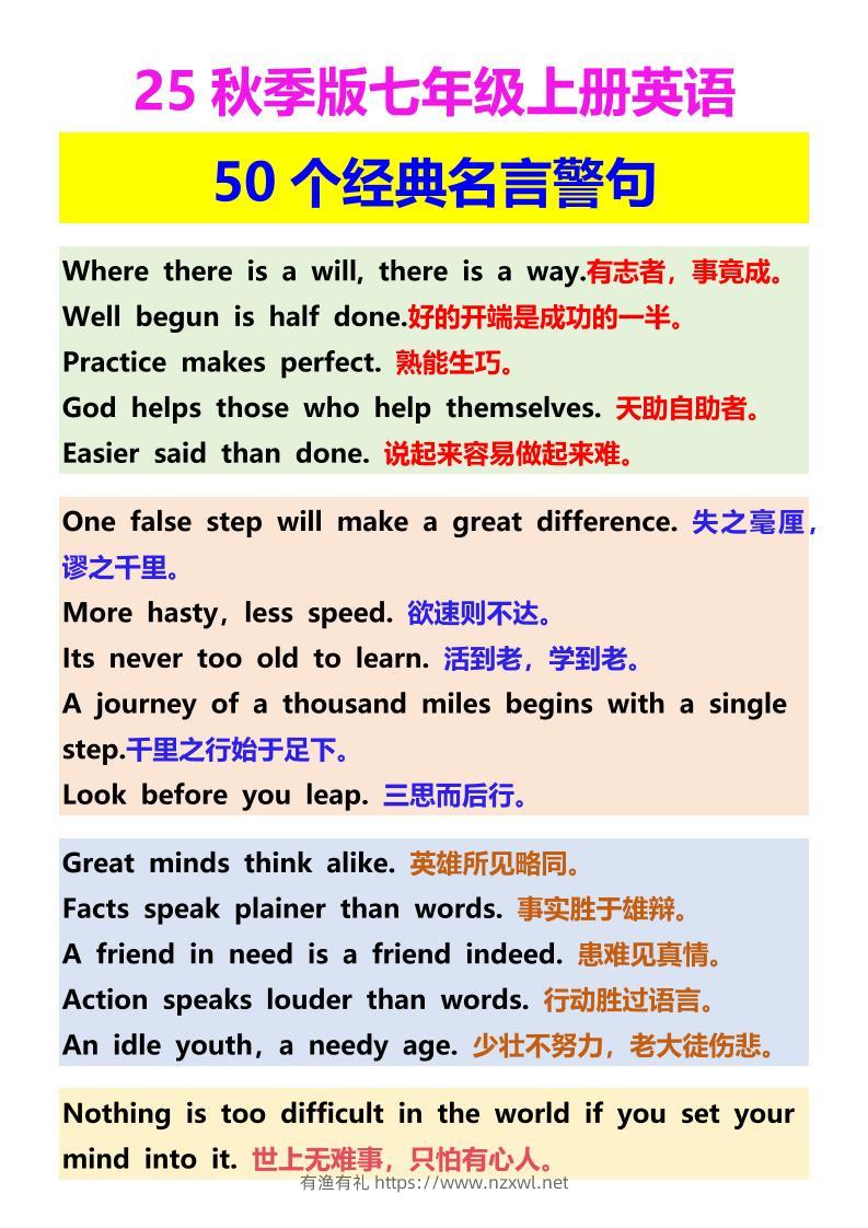 【2025秋新版】七年级上册英语50个经典名言警句-有渔有礼