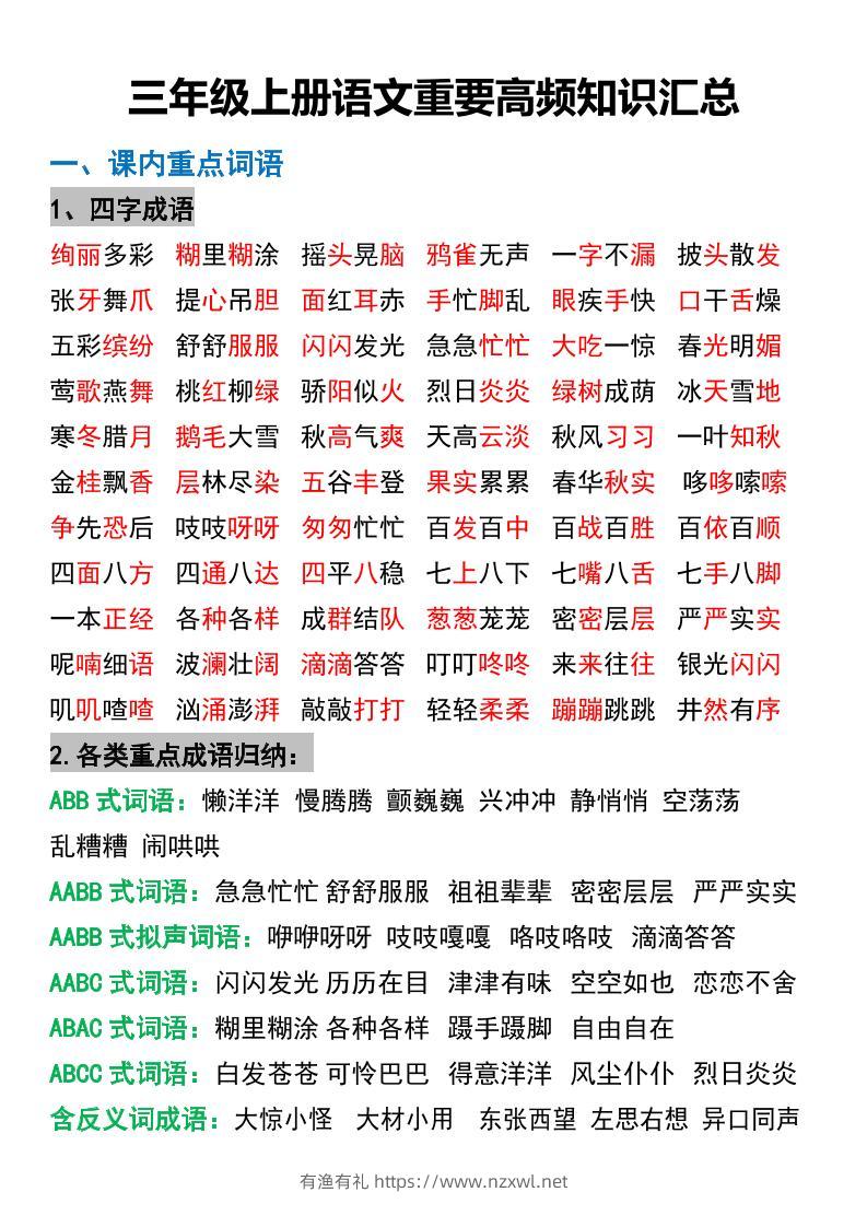 三年级上册语文重要高频知识汇总-有渔有礼
