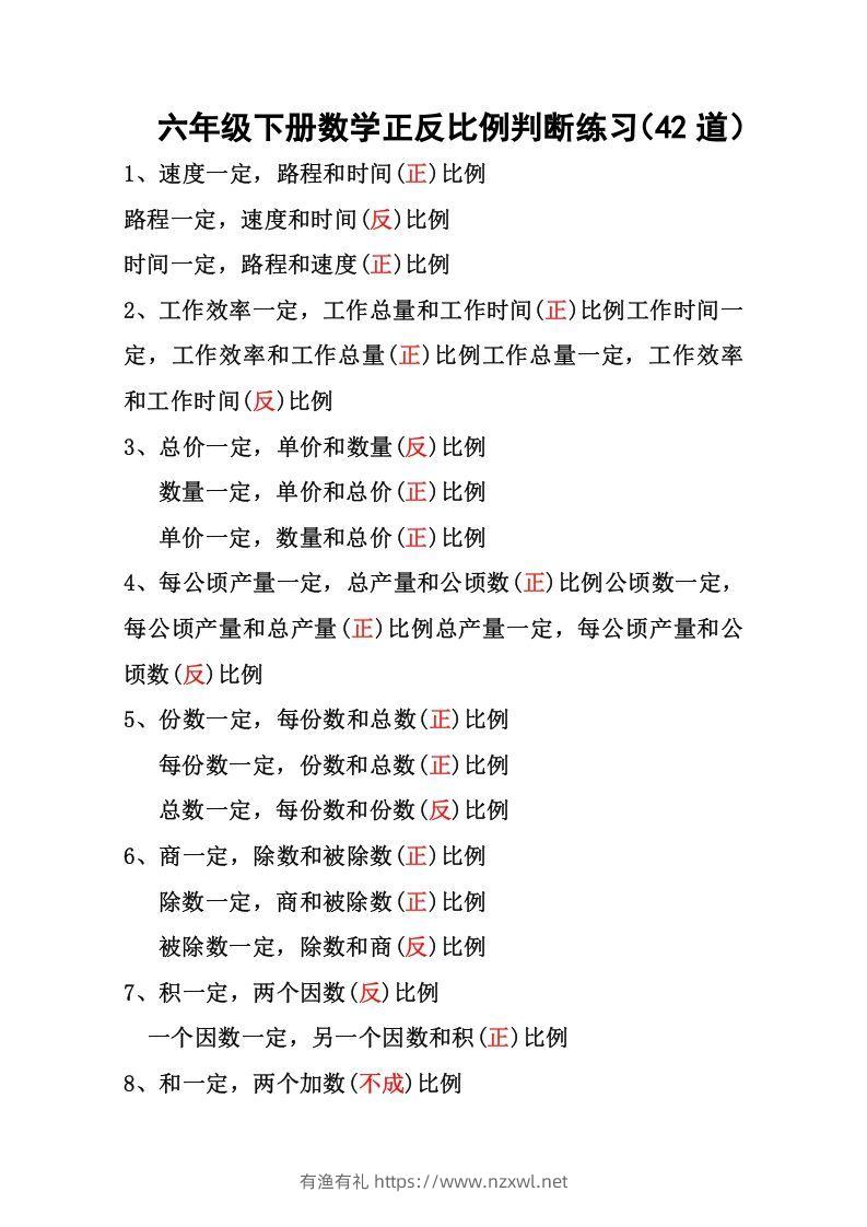 六年级下册数学正反比例专项练习-有渔有礼