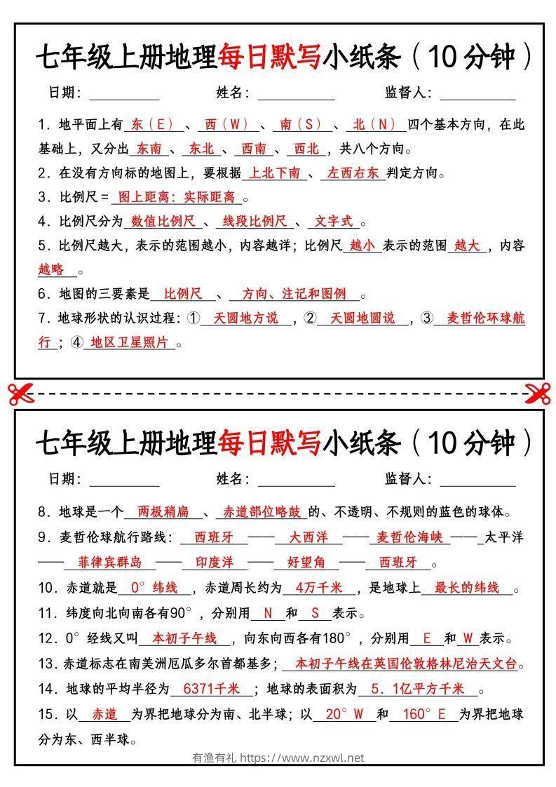 七年级上册地理每日默写小纸条（10分钟）-有渔有礼
