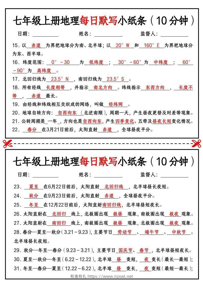 图片[2]-七年级上册地理每日默写小纸条（10分钟）-有渔有礼