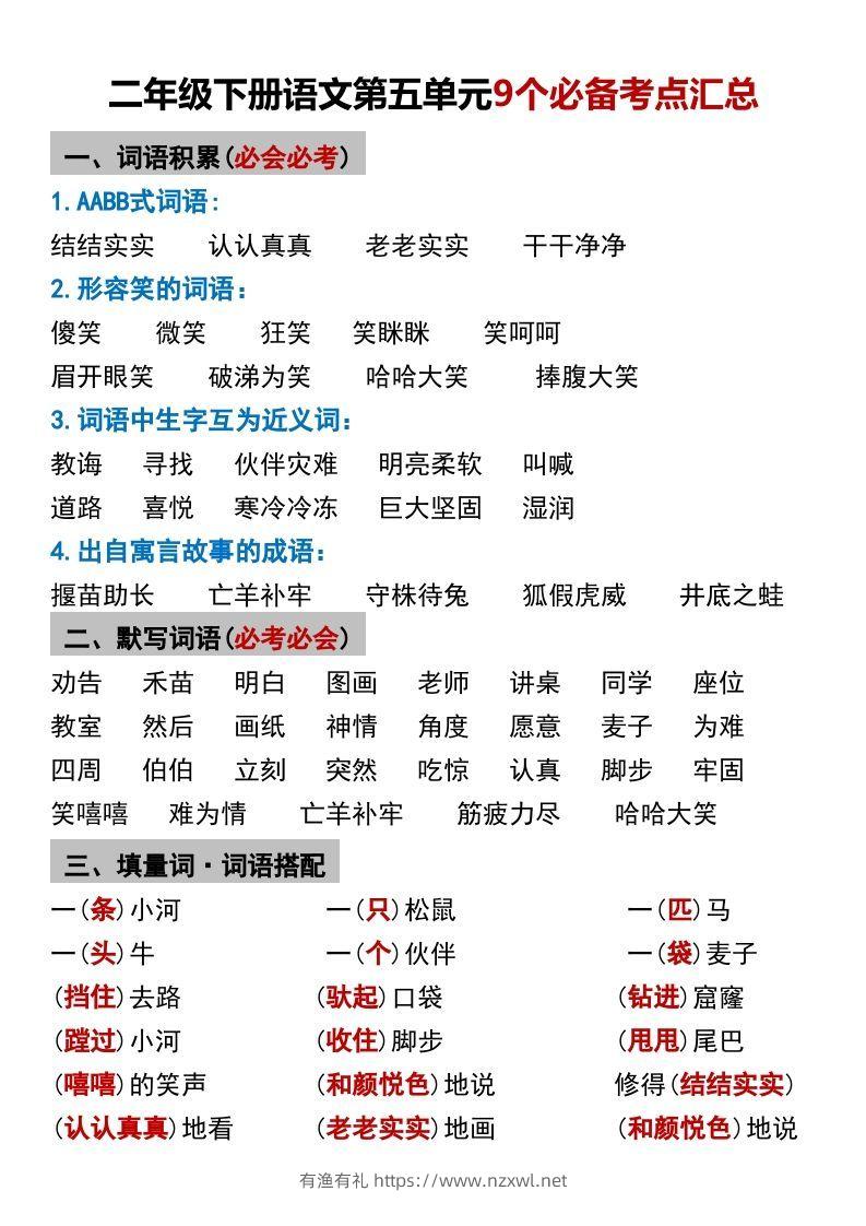 二年级下册语文第五单元9个必备考点汇总-有渔有礼