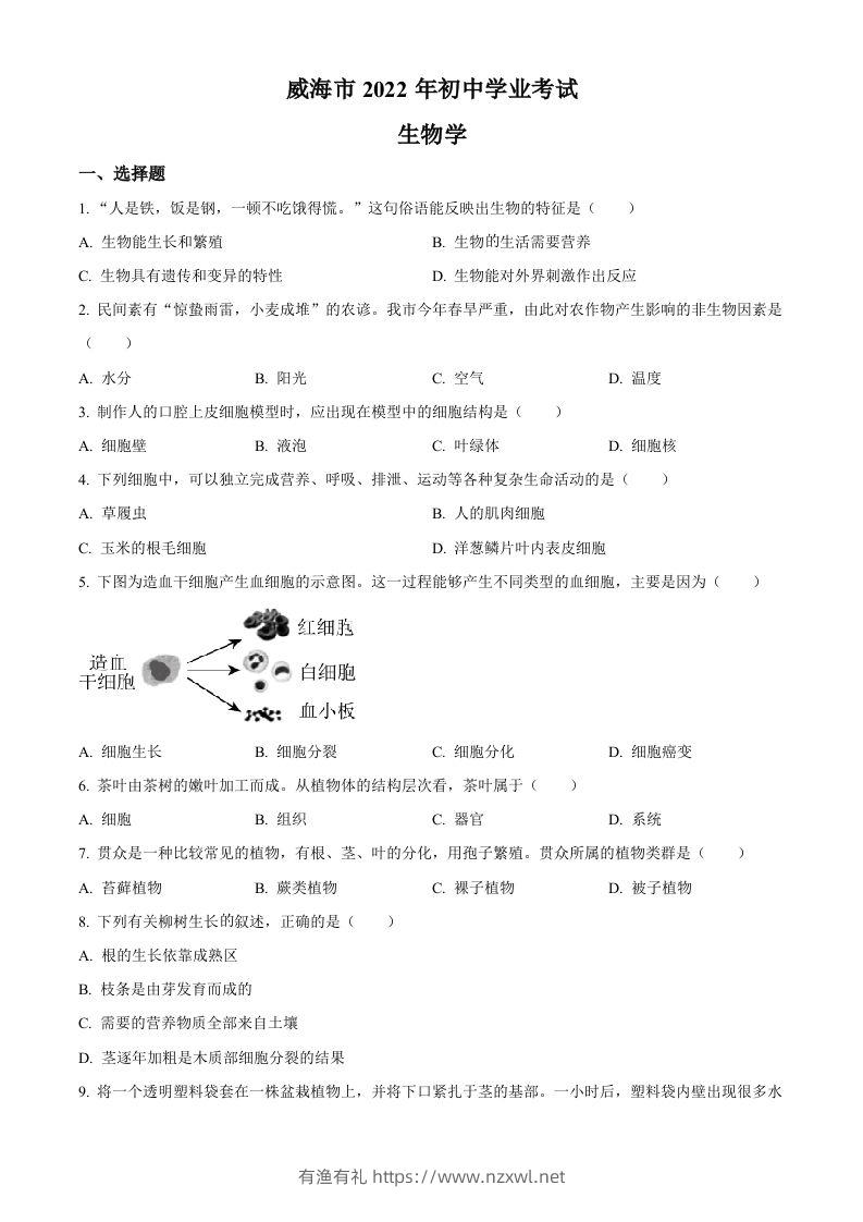 2022年山东省威海市中考生物真题（空白卷）-有渔有礼