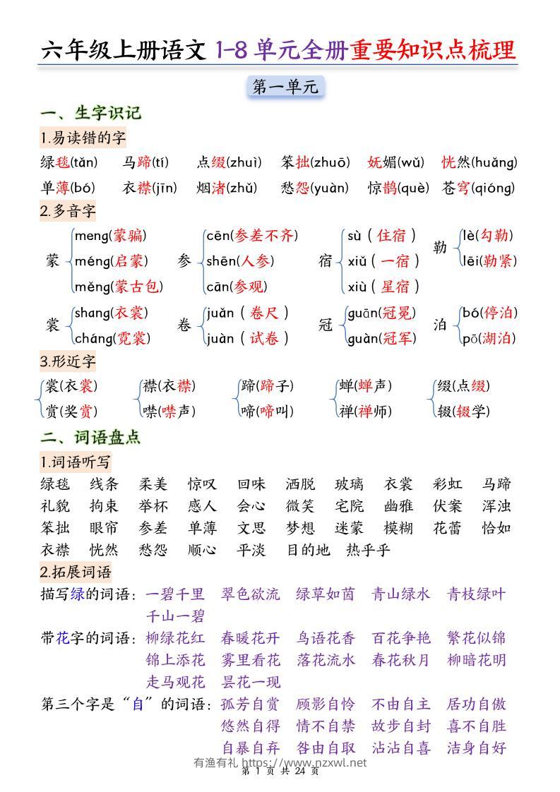 25秋六上语文1-8单元全册重要知识点梳理24页-有渔有礼