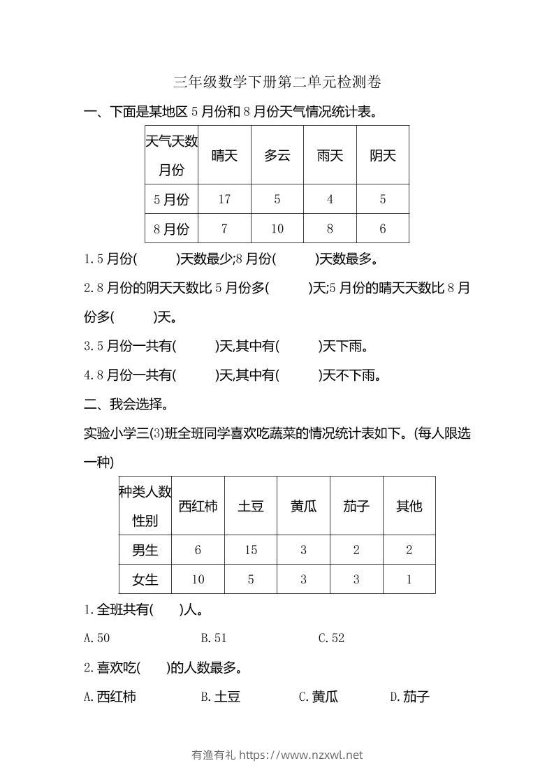 三下人教版数学第三单元检测-2-有渔有礼