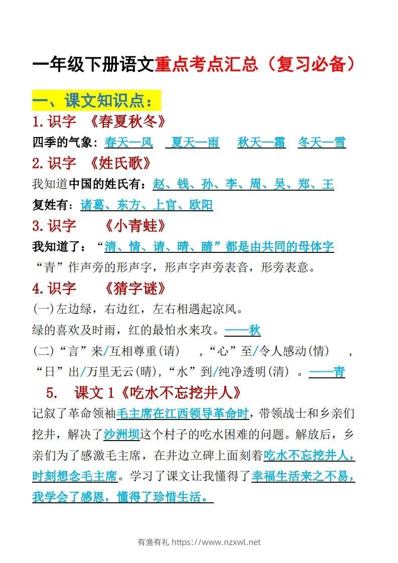 一年级下册语文重点考点汇总（复习必备）-有渔有礼
