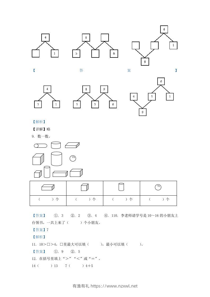 图片[3]-2020-2021学年江苏省南京市江宁区一年级上册数学期末试题及答案(Word版)-有渔有礼