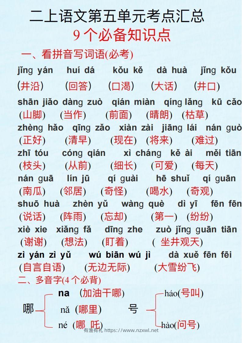 二上语文第五单元考点汇总-有渔有礼