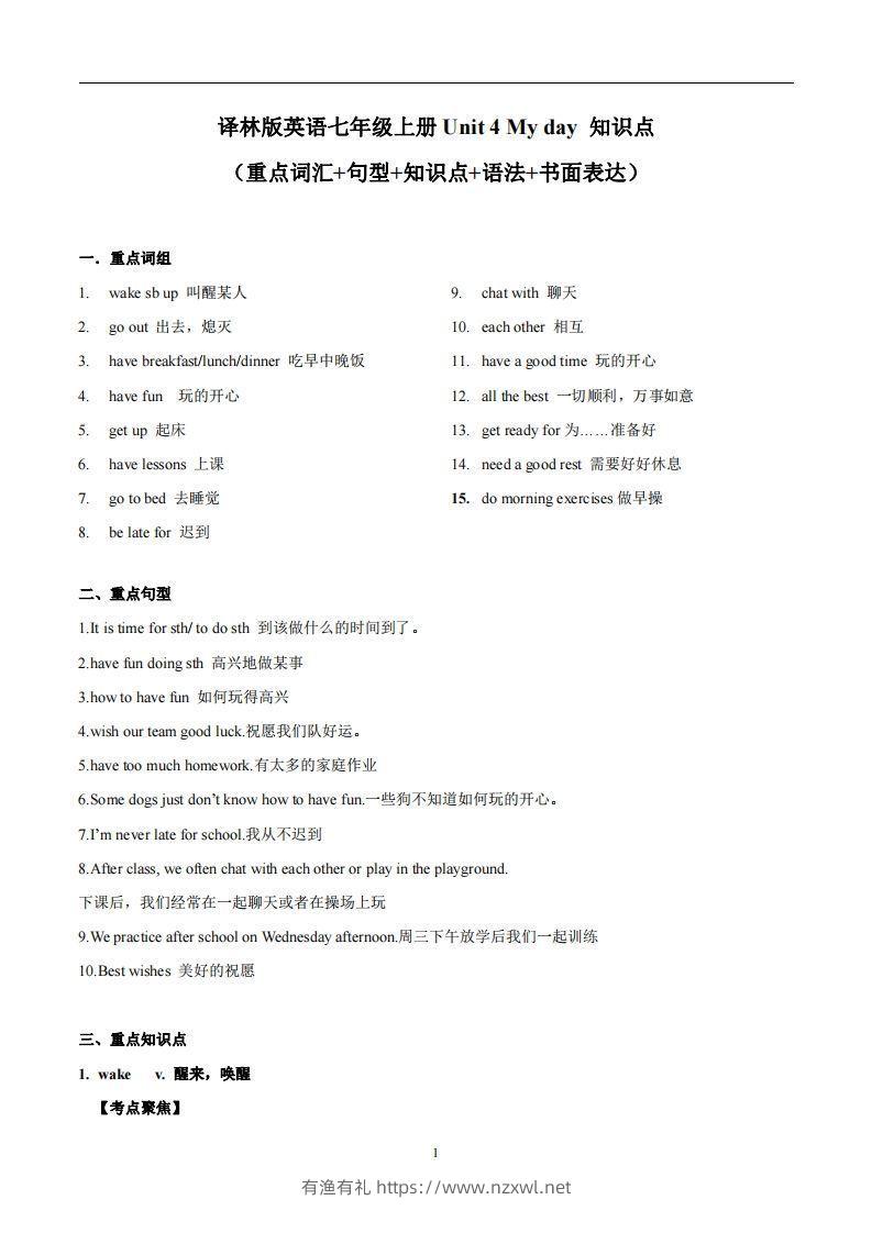 译林版英语七年级上册Unit4Myday知识点-有渔有礼
