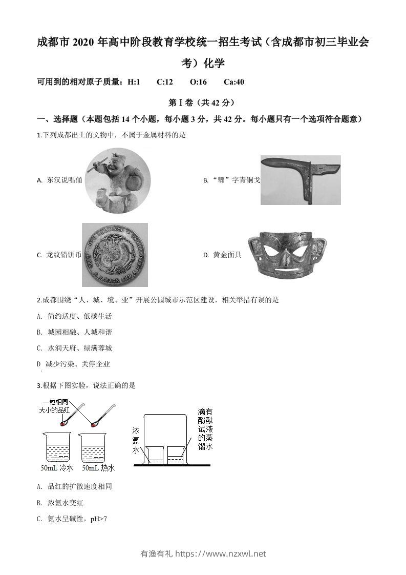 四川省成都市2020年中考化学试题（空白卷）-有渔有礼