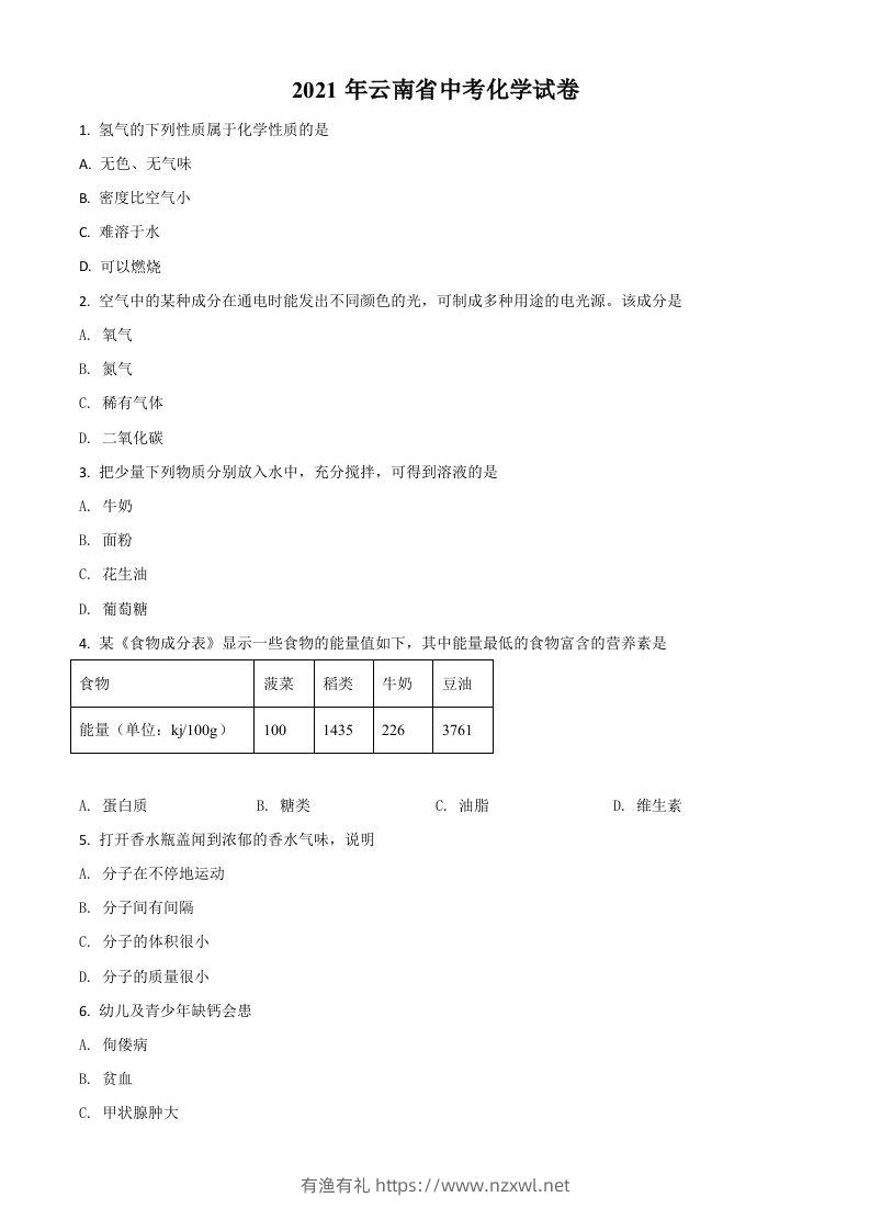 云南省2021年中考化学试题（空白卷）-有渔有礼
