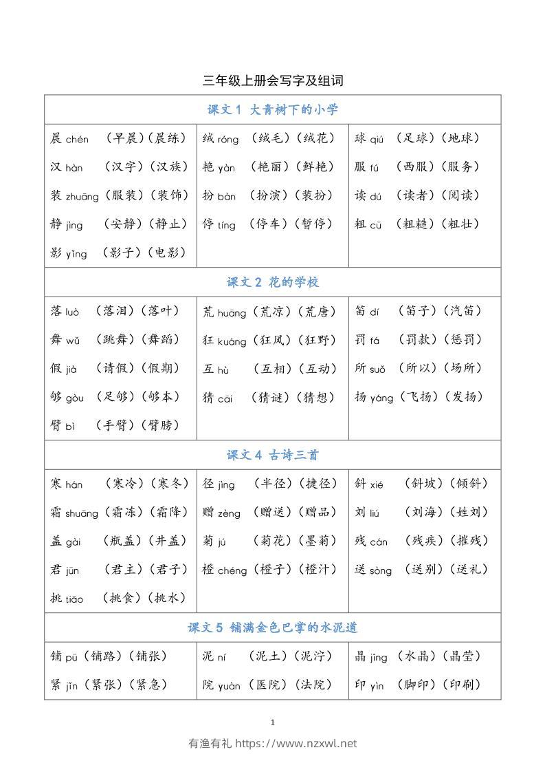 三上语文-写字表生字组词-有渔有礼