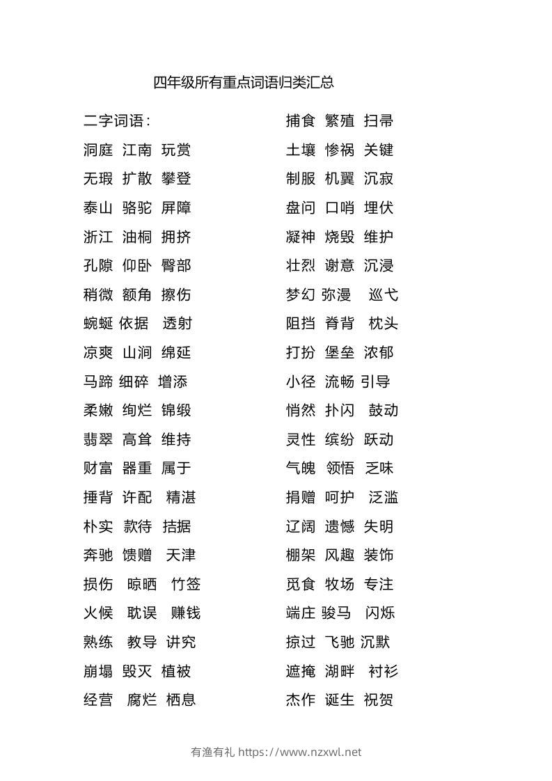 四（上）语文重点词语归类汇总-有渔有礼