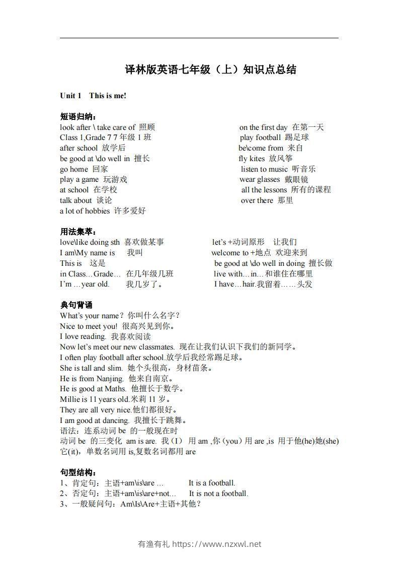 译林版英语七年级上册单元知识点总结(1)-有渔有礼