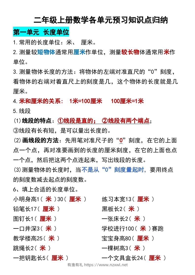 二年级上册数学各单元预习知识点归纳-有渔有礼
