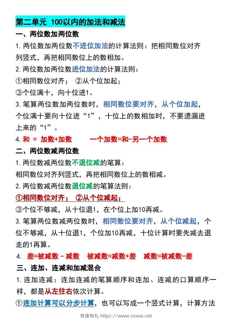 图片[2]-二年级上册数学各单元预习知识点归纳-有渔有礼