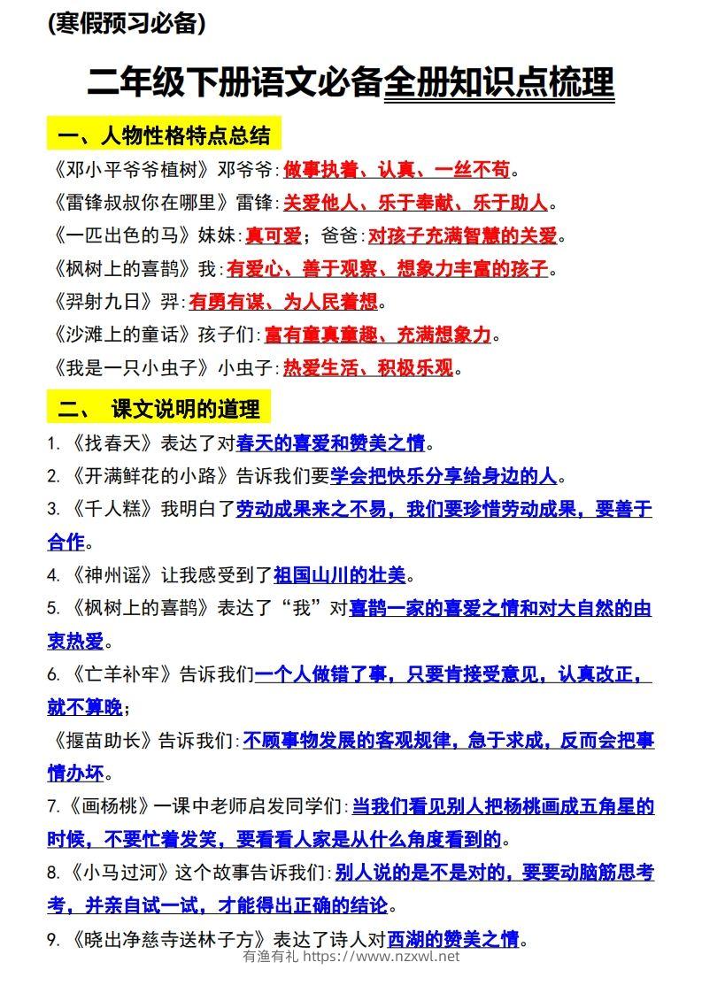 二年级语文下册知识点归纳总复习-有渔有礼