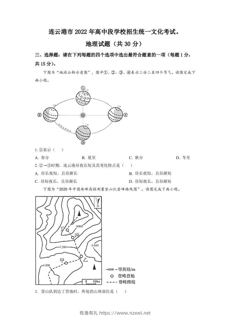 2022年江苏省连云港市中考地理真题（空白卷）-有渔有礼