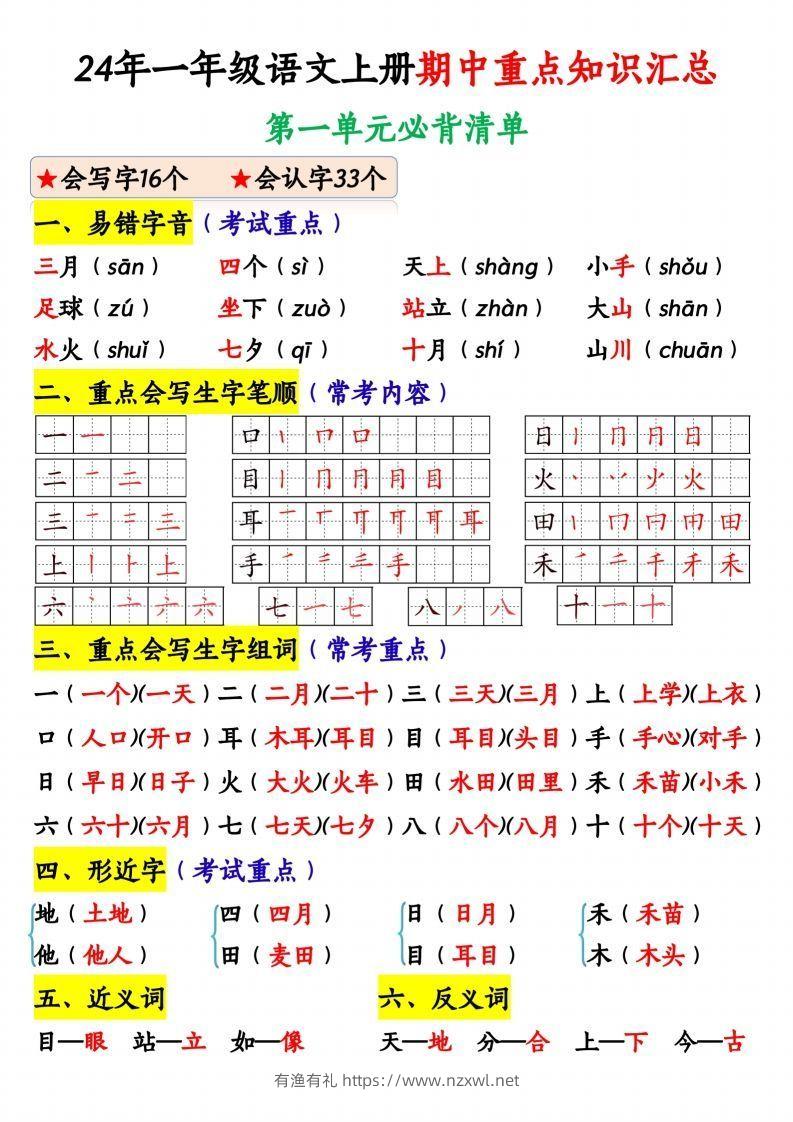 24年一年级语文上册期中重点知识汇总1_纯图版-有渔有礼