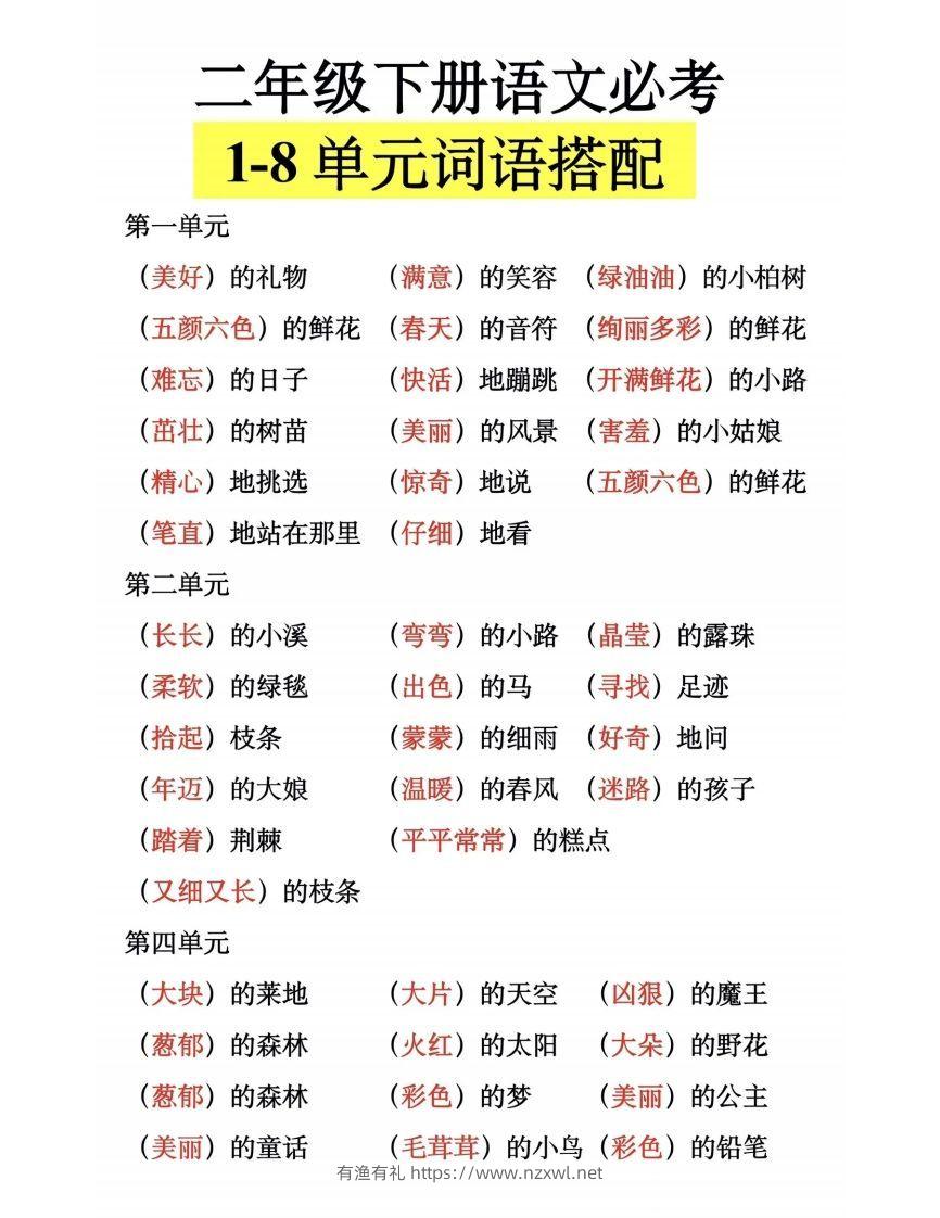 二下语文【1-8单元词语搭配】-有渔有礼