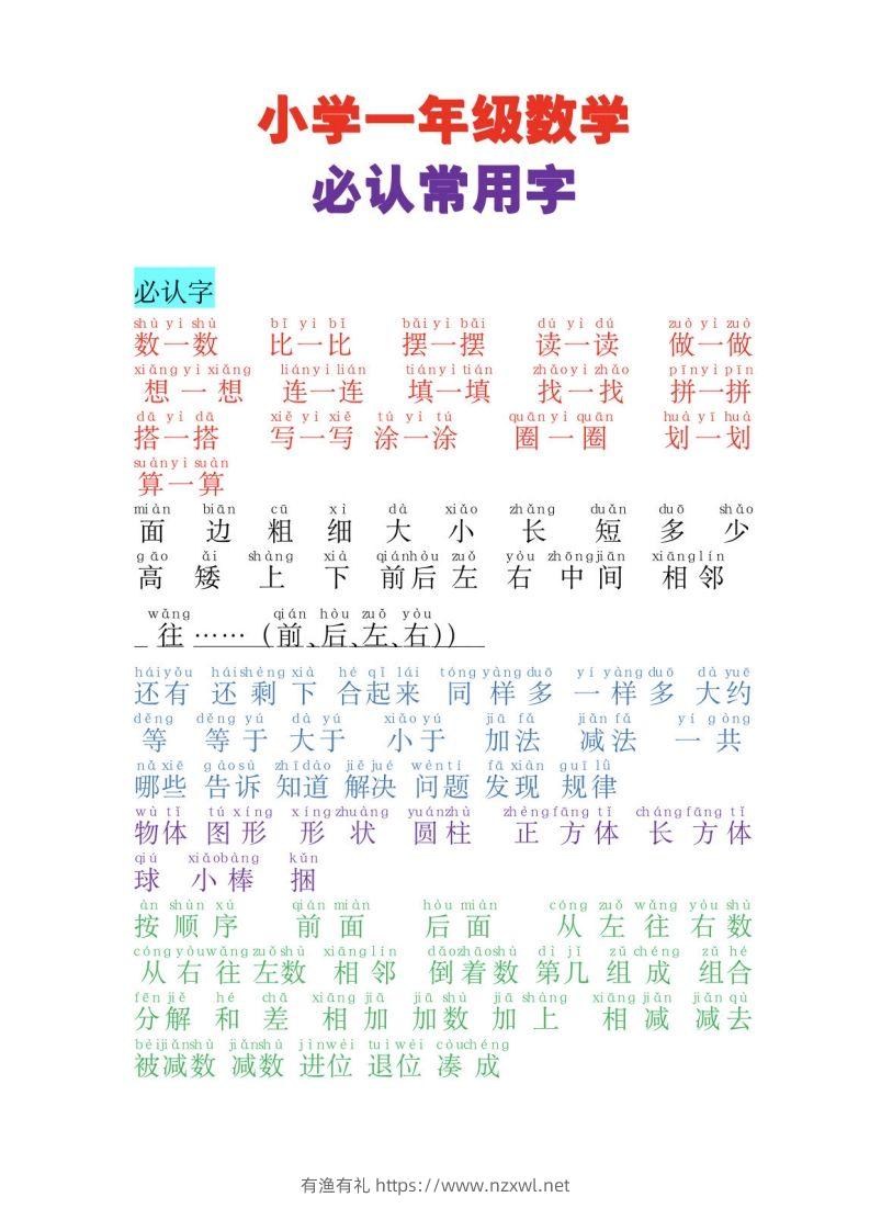 一年级上册数学必认常用字-有渔有礼