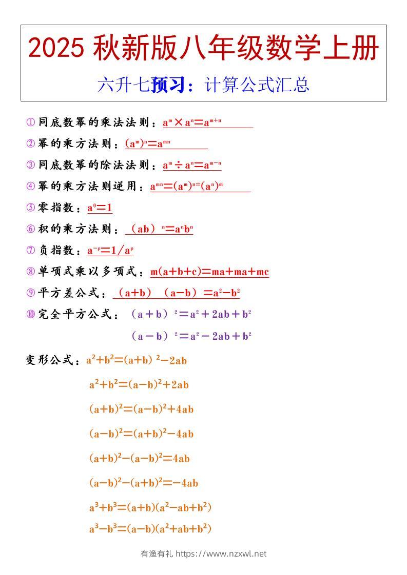 【2025秋新版】八年级上册数学计算公式汇总-有渔有礼