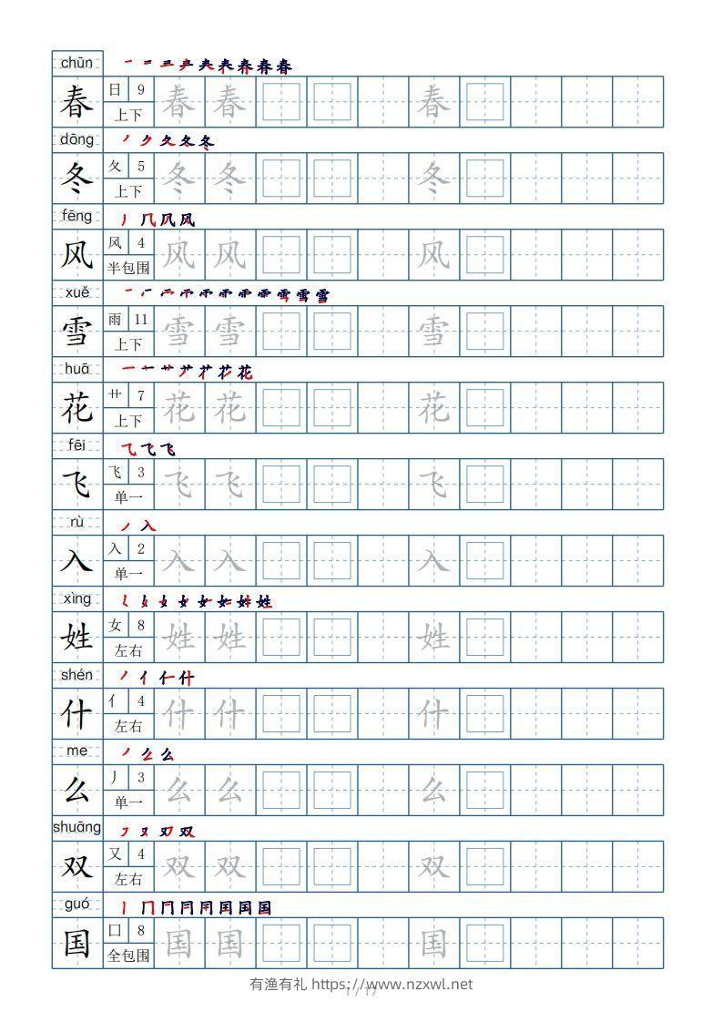 一年级下册生字表200个，字帖17页（偏旁部首笔顺拼音）-有渔有礼