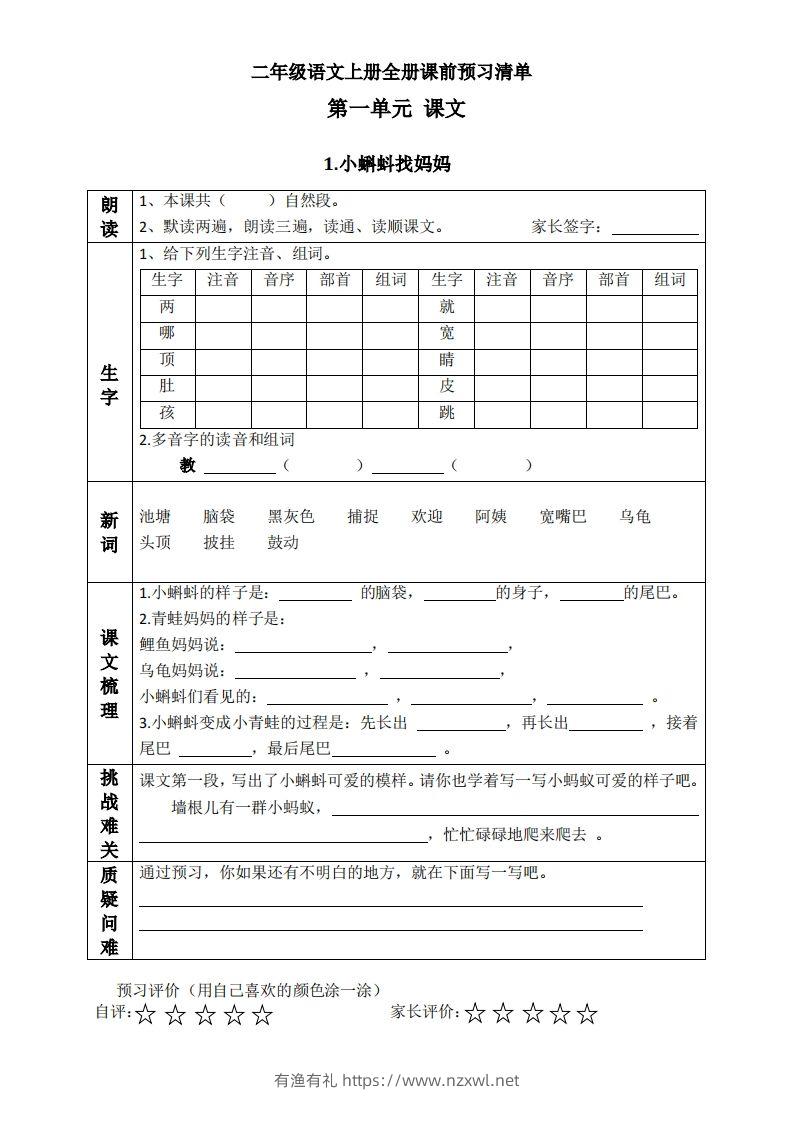 二上语文课前预习清单（课）-有渔有礼