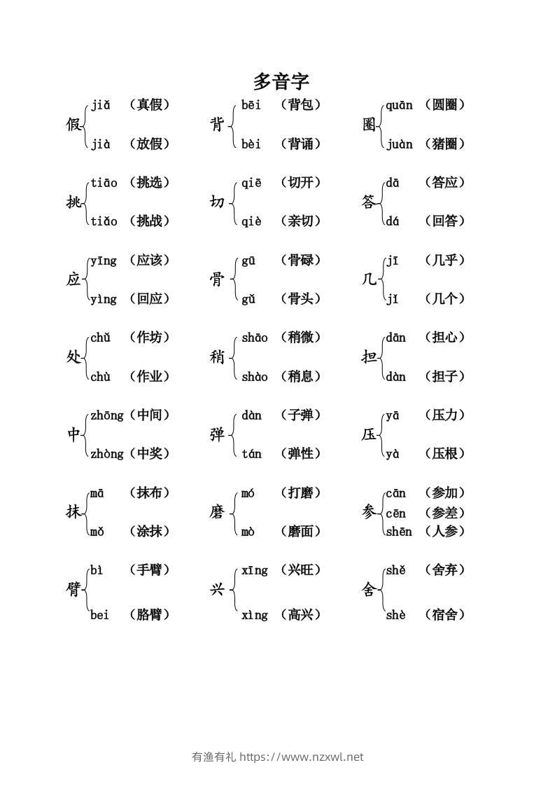 三上语文-语文：课本内多音字汇总-有渔有礼