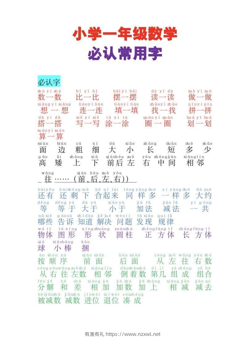 一年级数学必认常用字-有渔有礼