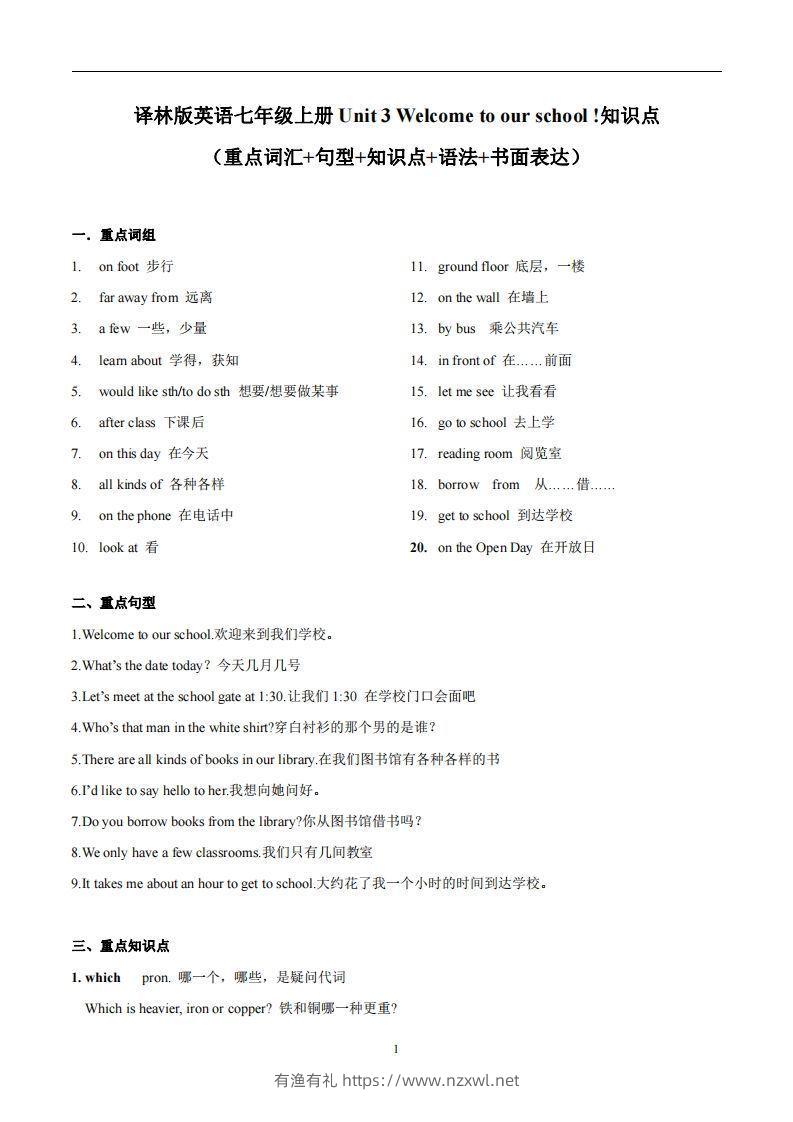 译林版英语七年级上册‬Unit3Welcometoourschool知识点_decrypted-有渔有礼