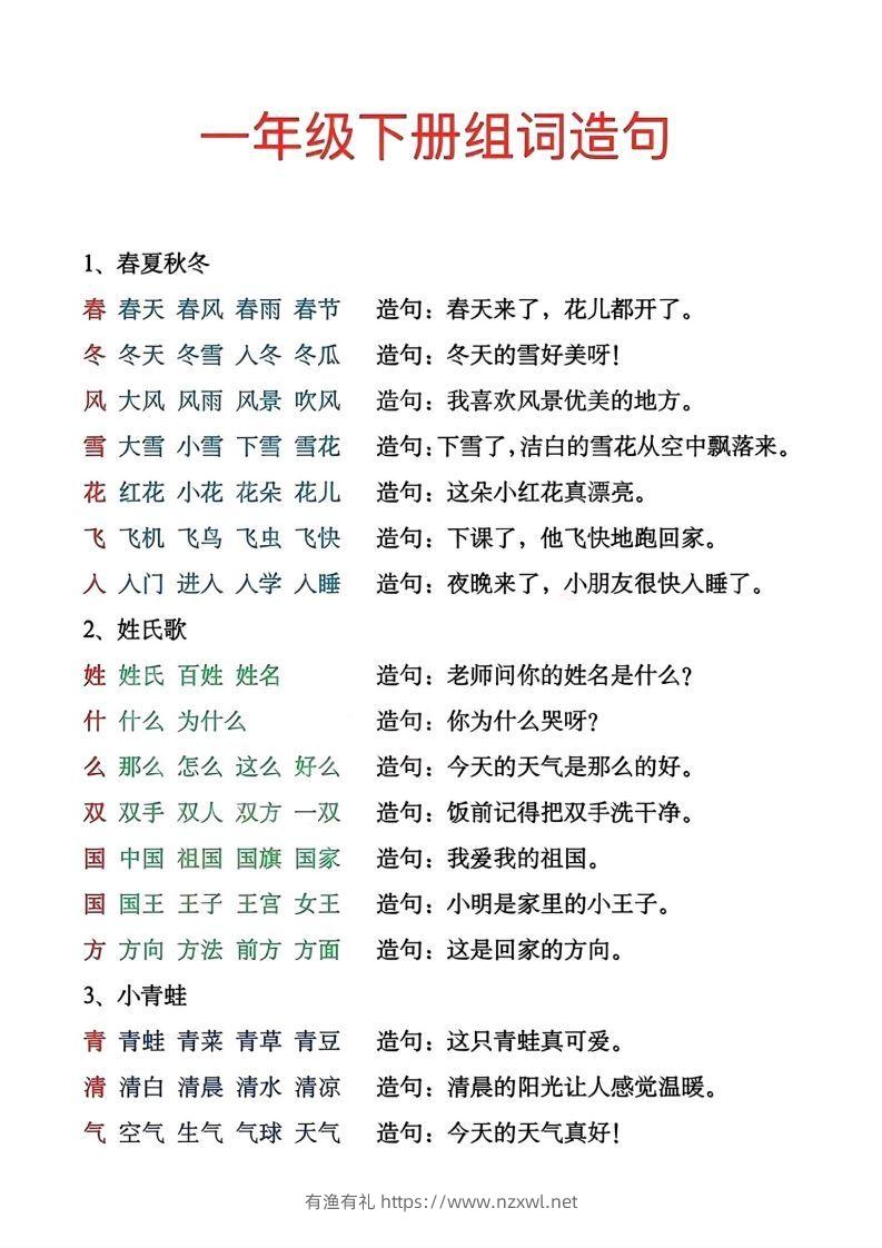 一年级下册生字组词造句-有渔有礼