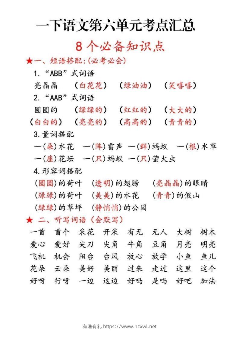 一下语文第六单元考点汇总-有渔有礼