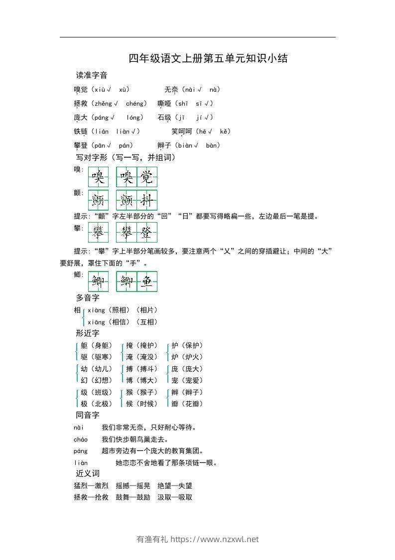 四（上）语文第五单元知识重点-有渔有礼