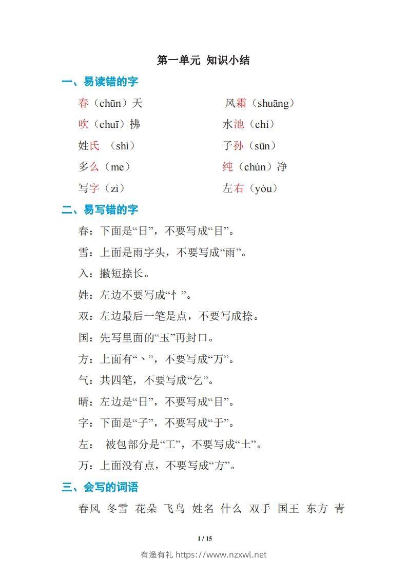 语文一年级下册期中复习知识要点-有渔有礼