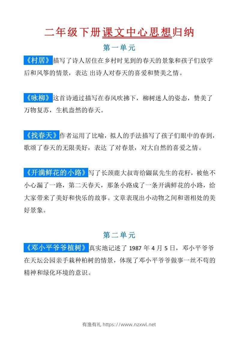 统编版语文二年级（下册）课文内容中心思想归纳汇总-有渔有礼