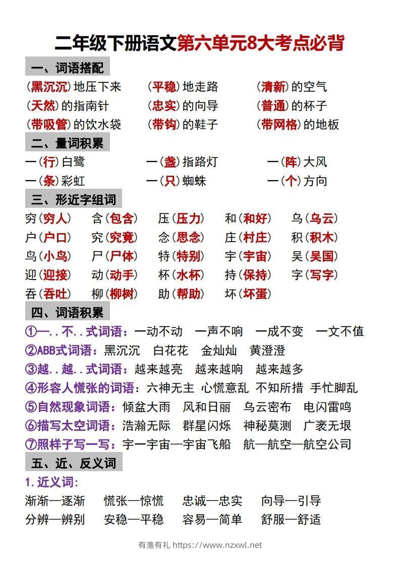 二年级下册语文第六单元8大考点必背-有渔有礼