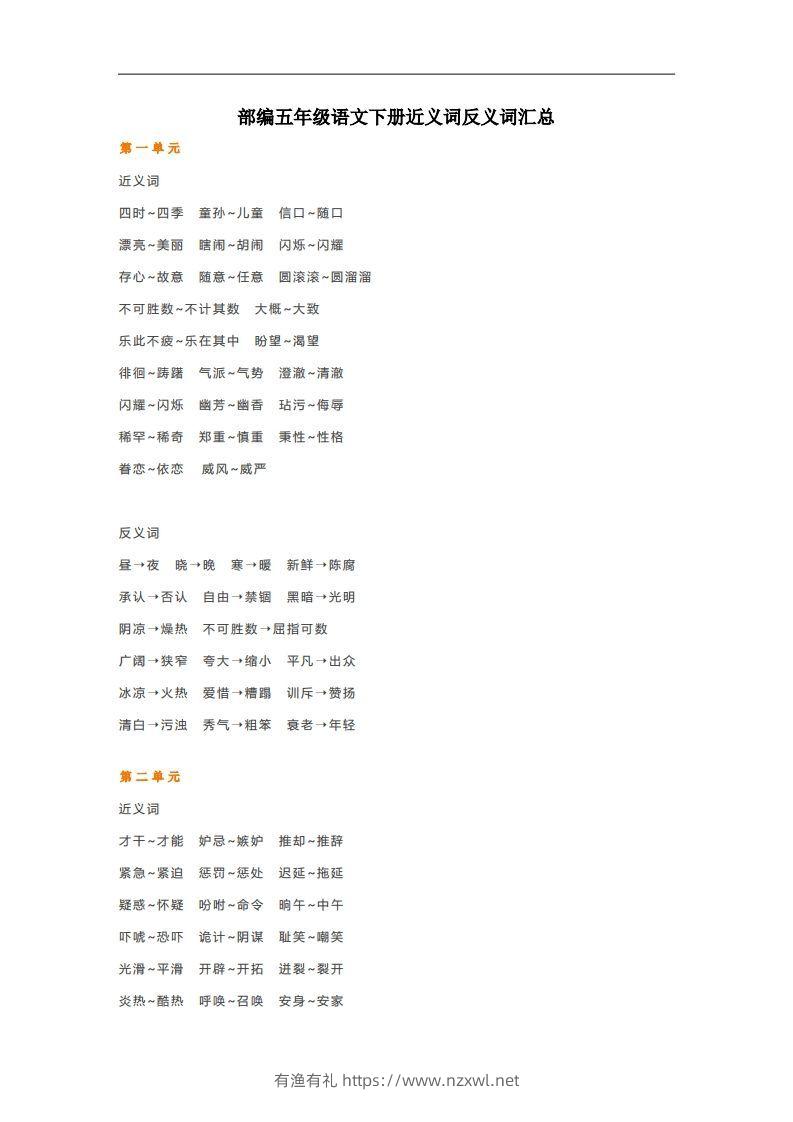 五年级语文下册近义词反义词汇总（部编版）-有渔有礼