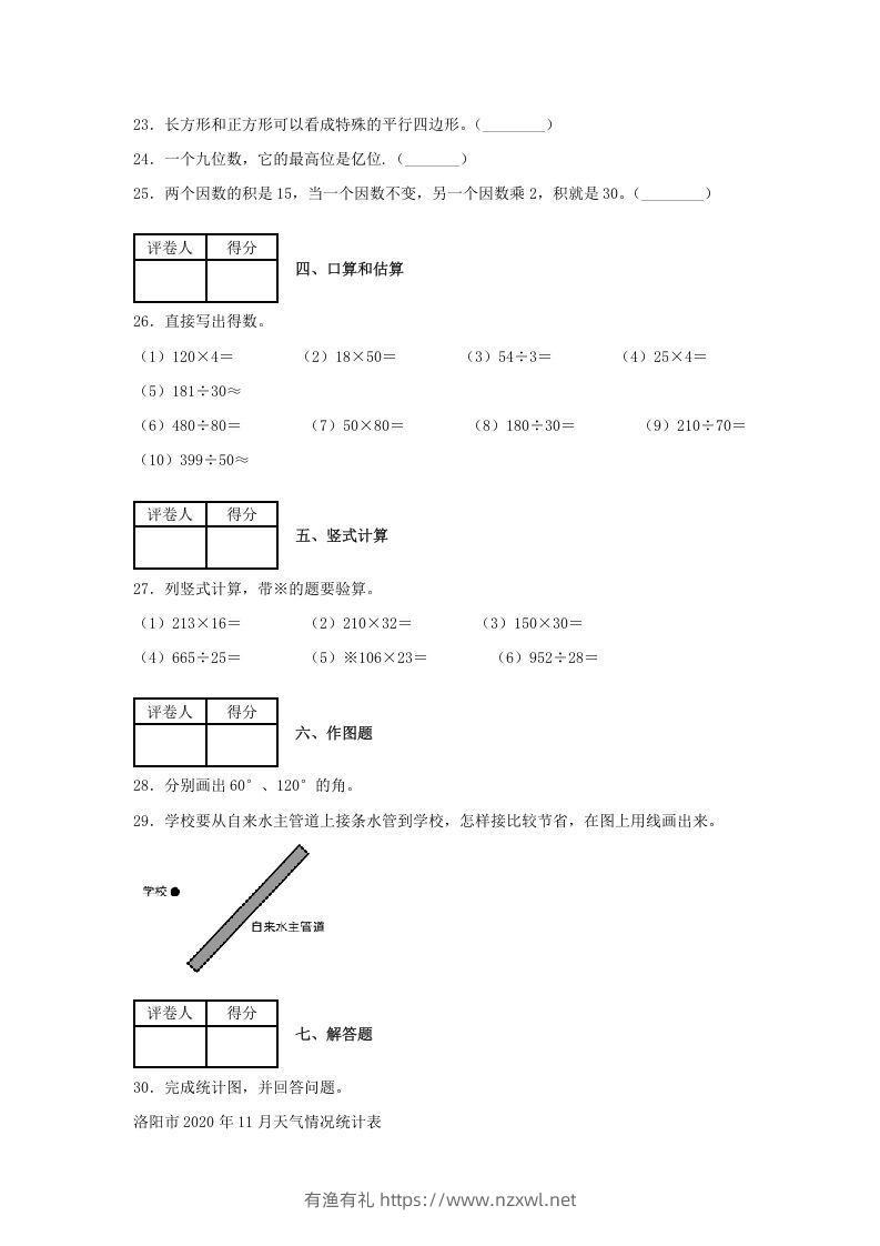 图片[3]-2020-2021学年河南省洛阳市涧西区四年级上学期期末数学真题及答案(Word版)-有渔有礼