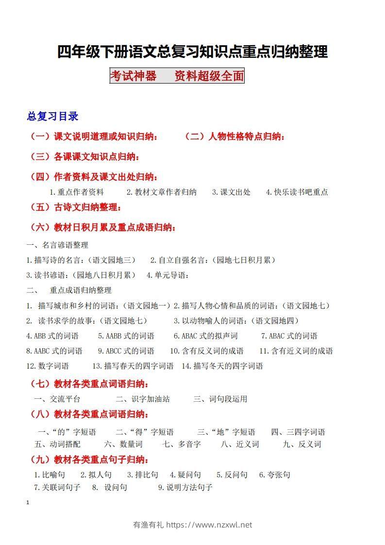 四年级语文下册知识点归纳总复习-有渔有礼