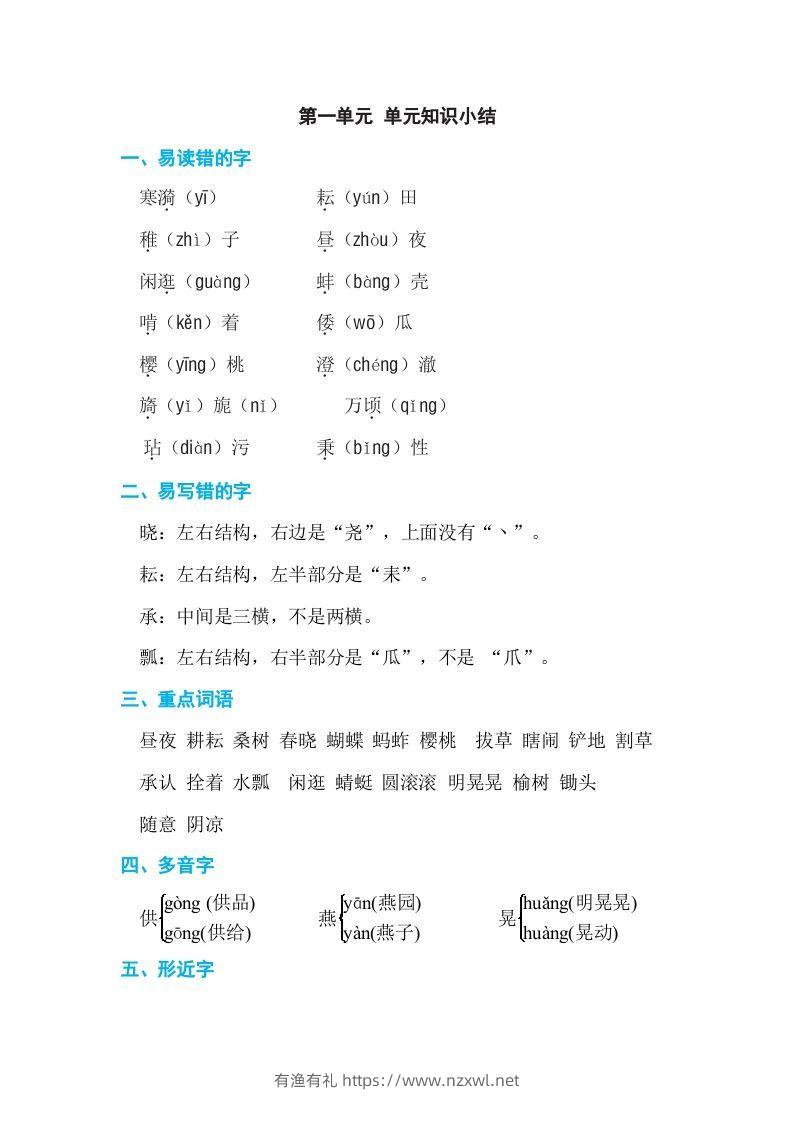 五年级语文下册第一单元单元知识小结（部编版）-有渔有礼