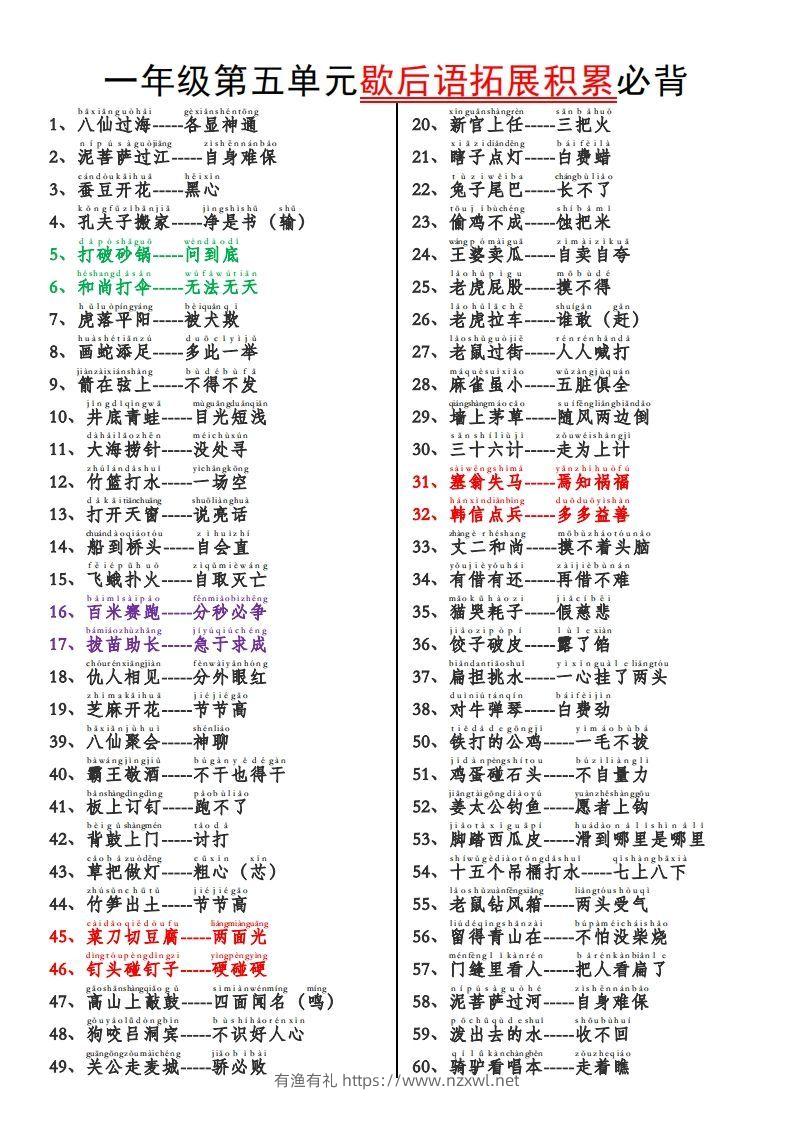 一下语文【歇后语拓展积累】第五单元-有渔有礼
