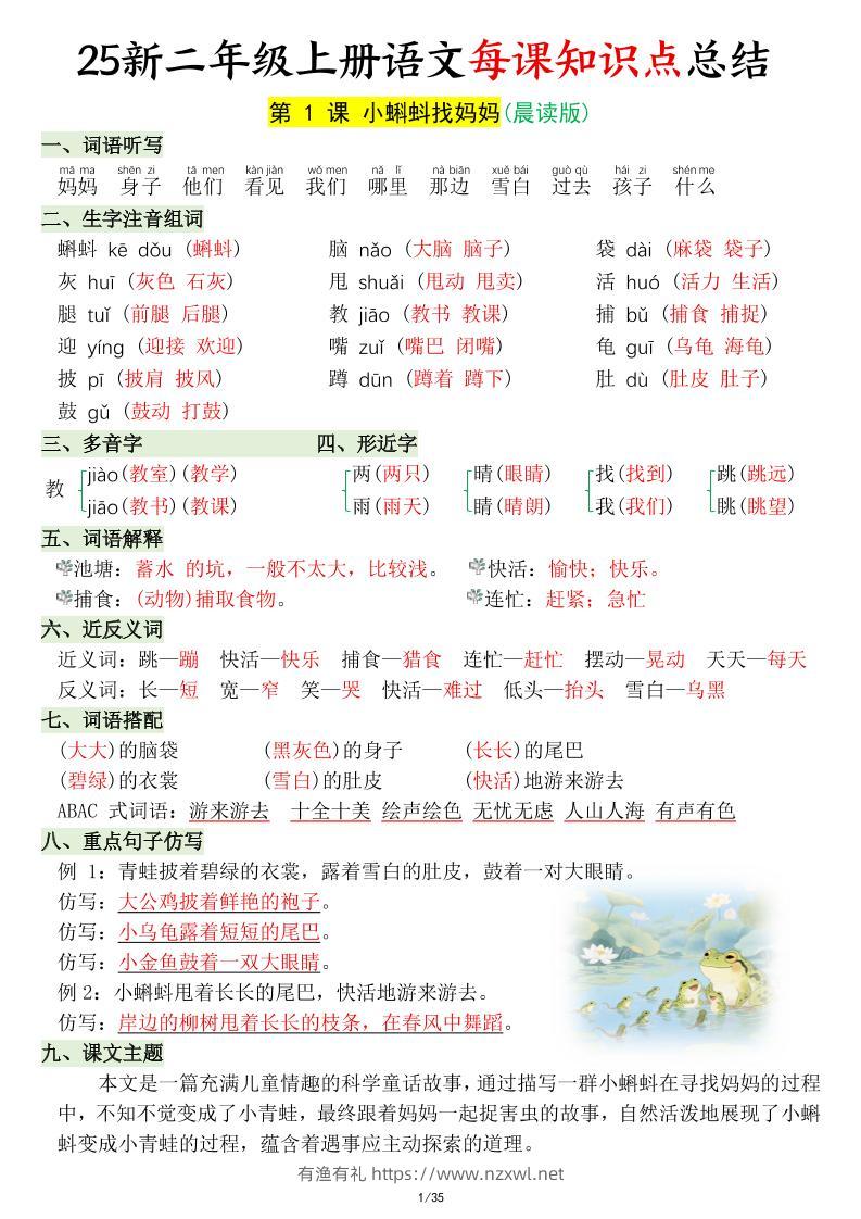 25新二年级上语文每课知识点总结-有渔有礼