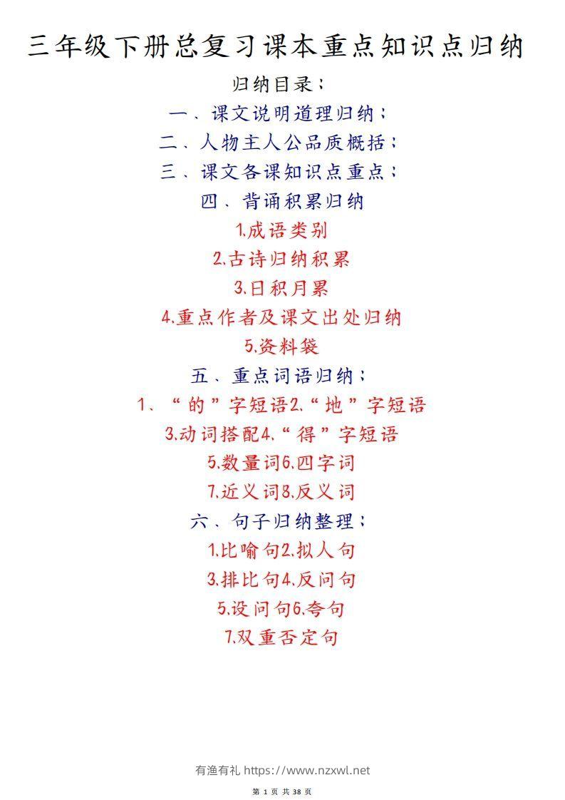 期末复习重点知识汇总三下语文-有渔有礼