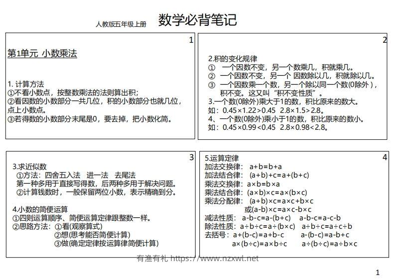 【人教五年级】数学上册必背笔记-有渔有礼