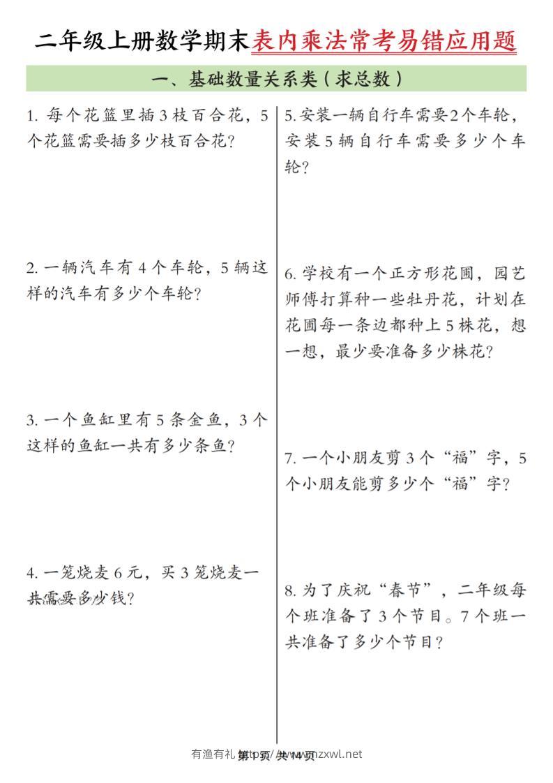 二年级上数学表内乘法常考易错题-有渔有礼