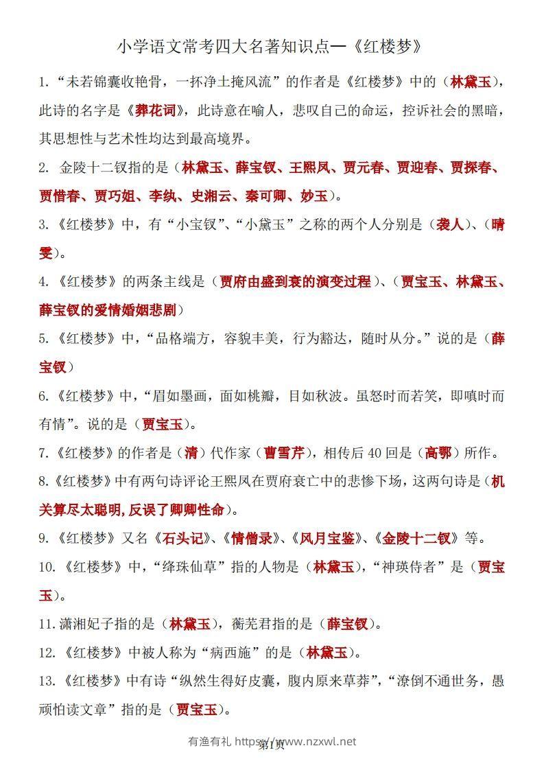 四大名著知识点汇总之《红楼梦》-有渔有礼