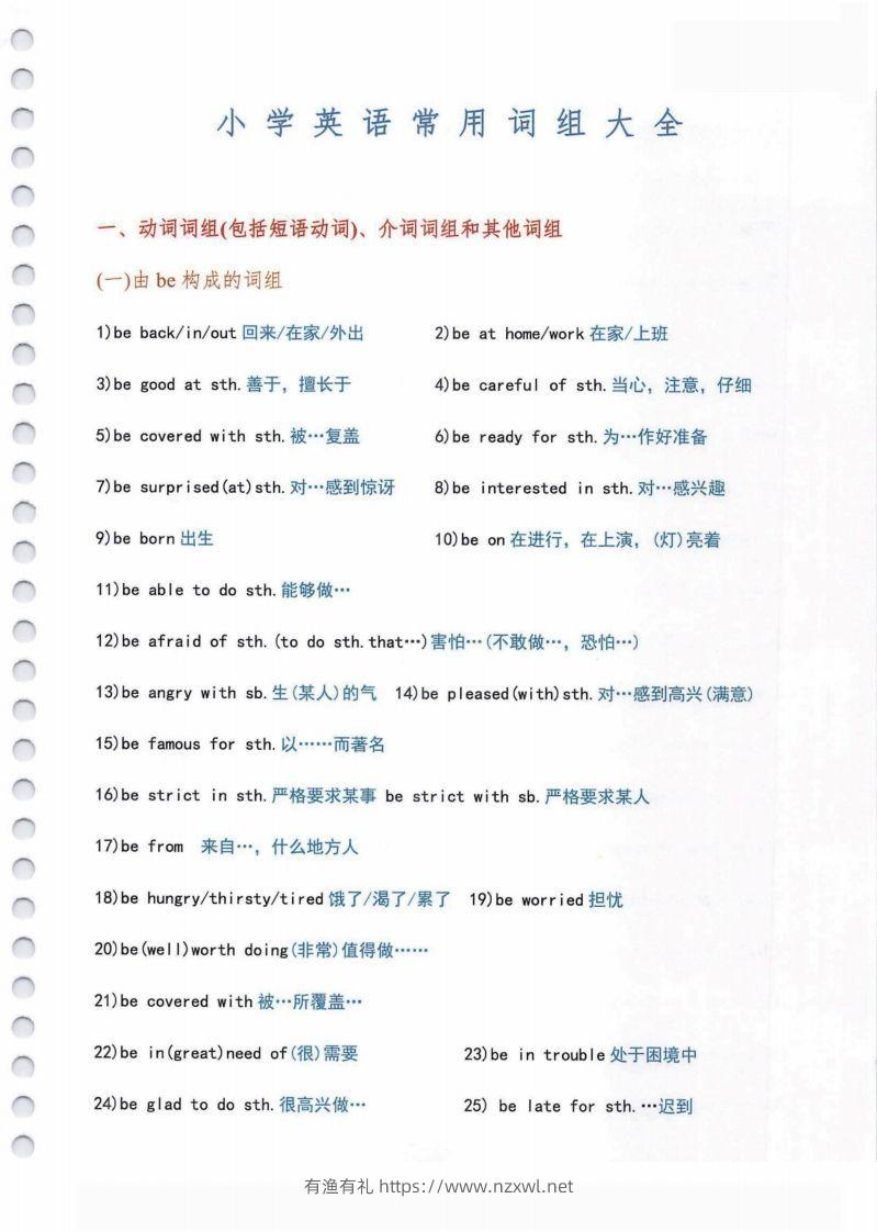 小学英语常用必考词组大全（含动词介词量词等其他词组）共11页-有渔有礼