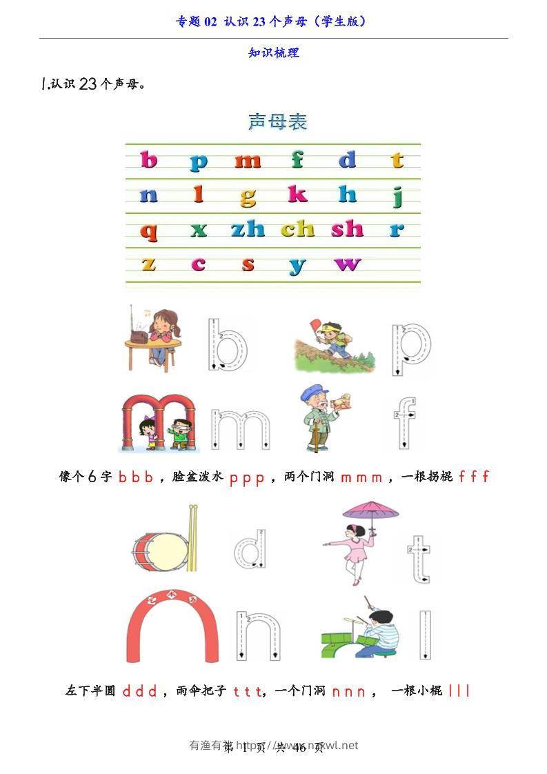 一上语文-专题02认识23个声母（知识+训练）-有渔有礼